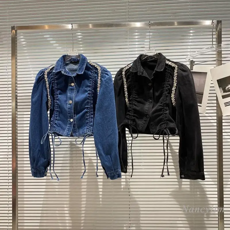 

Denimwear Jacket Women 2021 Autumn New Big Rhinestone Beaded Drawstring Short Coat Lady Outwears Top Blue Black