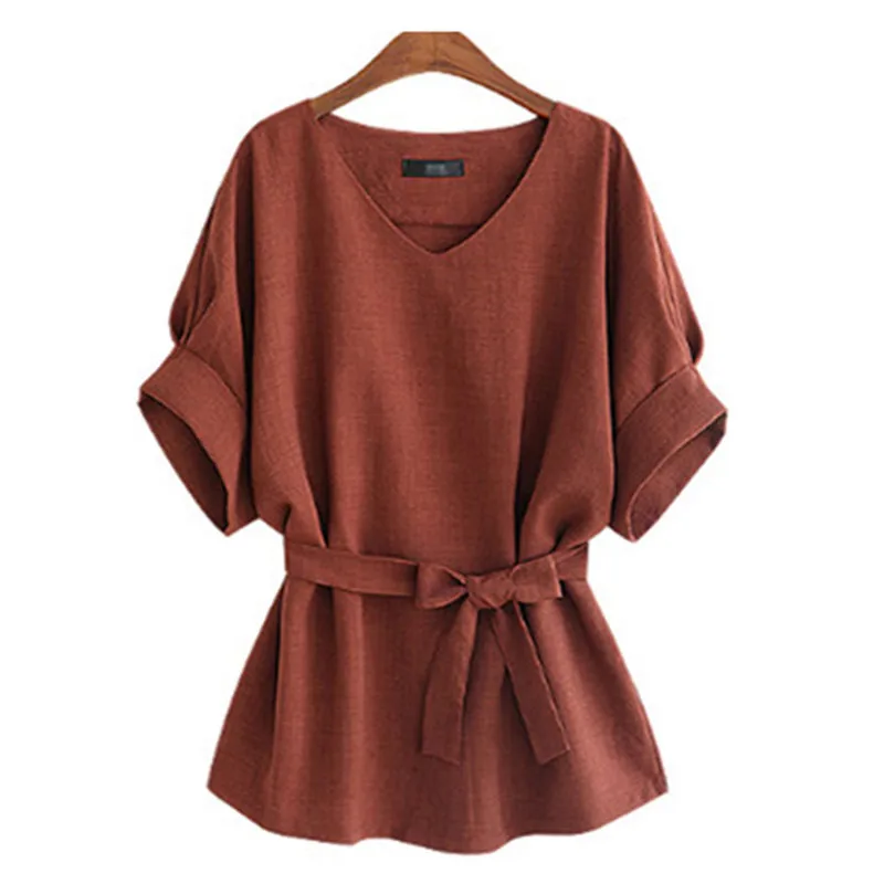 Блузка женская из хлопка и льна с V образным вырезом большим бантом|Блузки| |