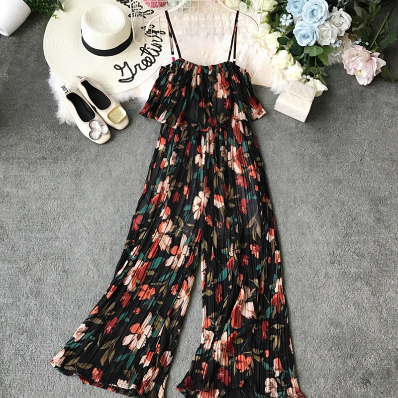 Women Summer Bohemian Jumpsuit 2020 Ankle-Length Holiday Chiffon Ruffles Spaghetti Strap Beach Style Print Jumpsuits Rompers