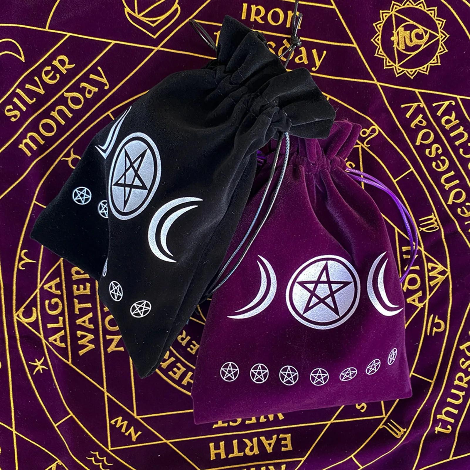 

Tarot Storage Bag Velvet Moon Penta-star Phase Protective Card Board Game Drawstring Bag Oracle Card Witch Divination Accessory