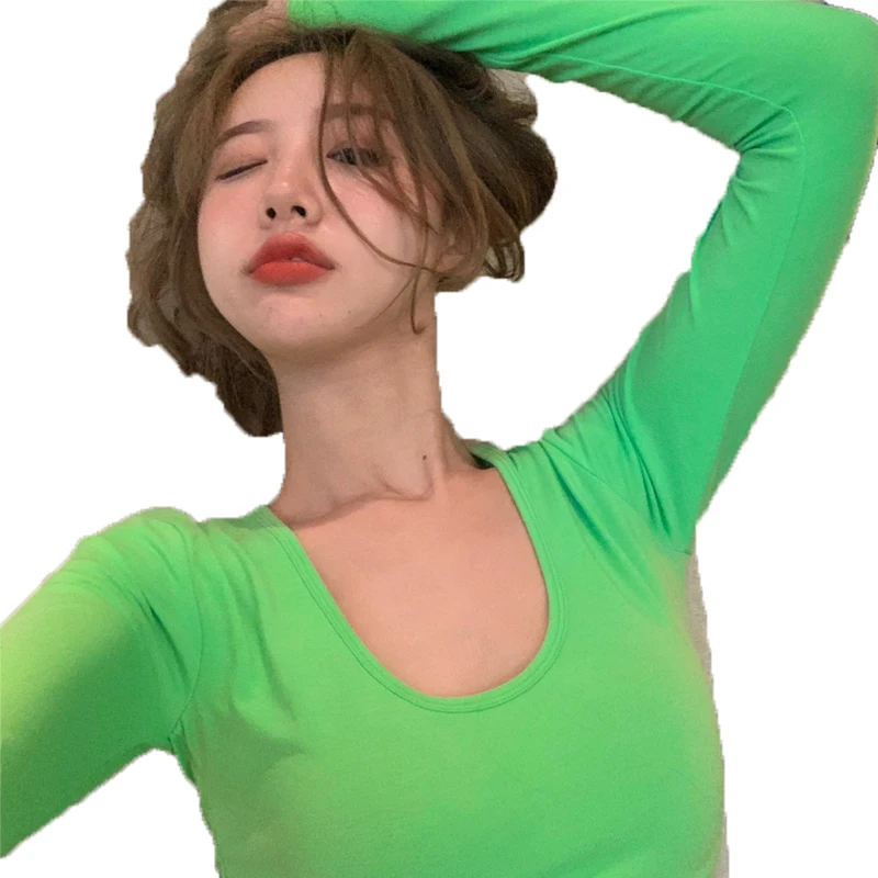 

Bare Midriff High Waist Slimming Internet Hot T-shirt Women's Long Sleeve Slim Fit Short Bottoming Shirt Top Autumn 2021 New