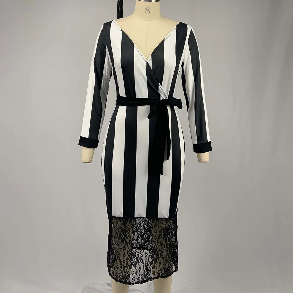 

2021 Europe America Autumn New High Waist Stripe Printing Lace Stitching V-neck Buttocks Temperament Commute Dress Women's