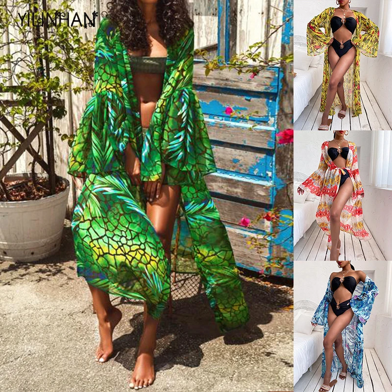 

YILINHAN 2022 New Sexy Bikini Cover-ups Boho Printed Fringed Long Kimono Carfigan Tunic Women Plus Size Beach Wear Swim Suit