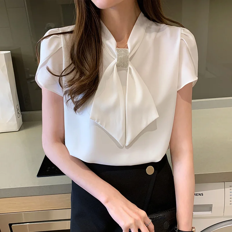 

#4918 Blue Red White Chiffon Blouse Women Bow Collar Sexy Office Blouse Femme Short Sleeves Slim Elegant Women Tops Summer