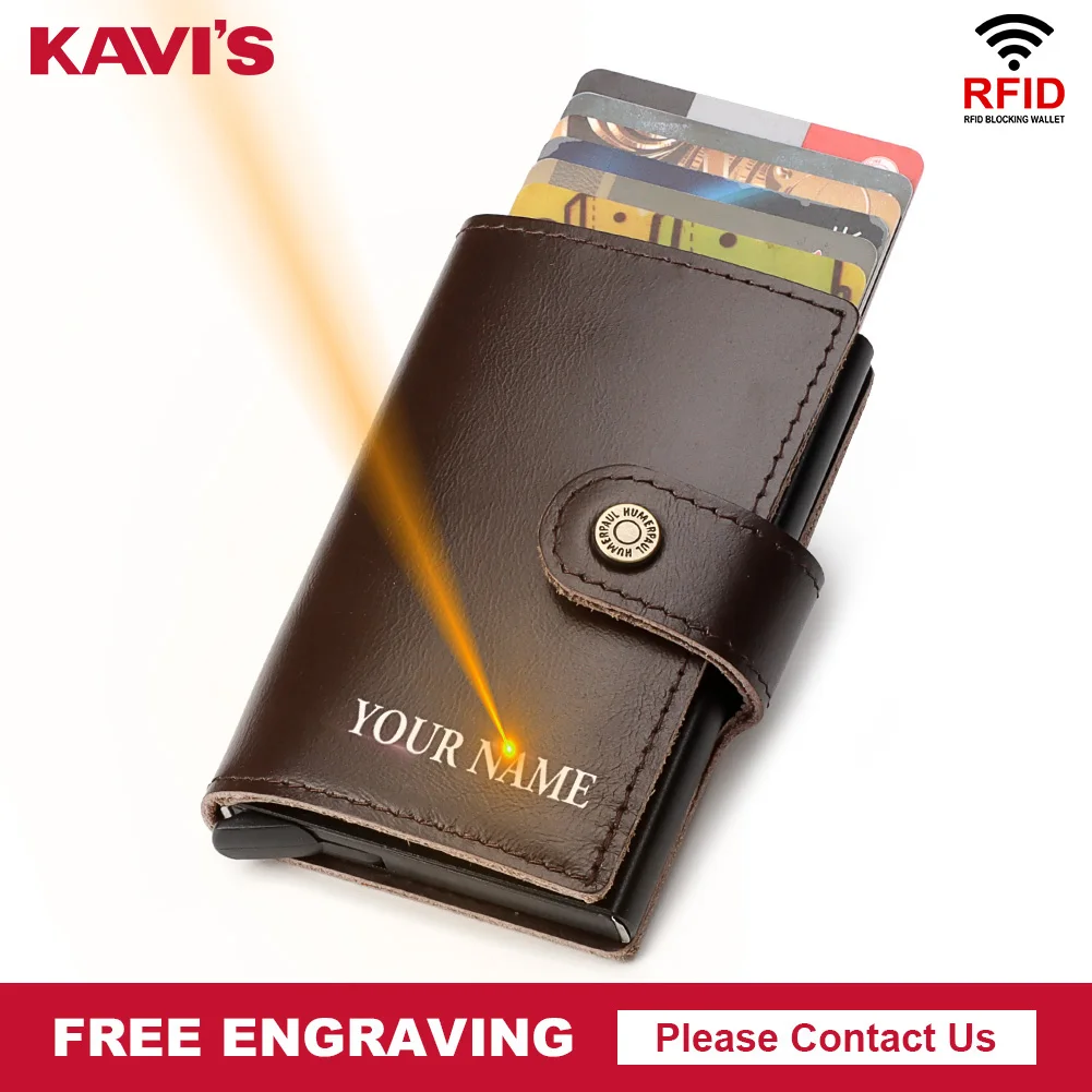 

KAVIS Free Engraving Rfid Credit Card Holder Men Wallet Mini Aluminum Box Business Leather Hasp Purse Wallet Smart ID Card Case