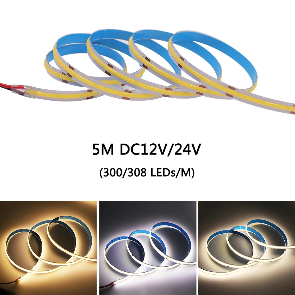 

High Density Flexible COB LED Strip 12V 24V 300/308 LEDs/M FOB Linear Led Strip Light 5m Dimmable LED Tape Light 3000K 6500K