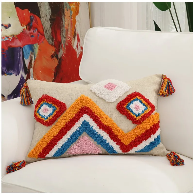 Покрытие для подушки с геометрической вышивкой из золотистого льна, марокканская наволочка с кисточками, прямоугольная подушка размером 45x45 см/30x50 см.