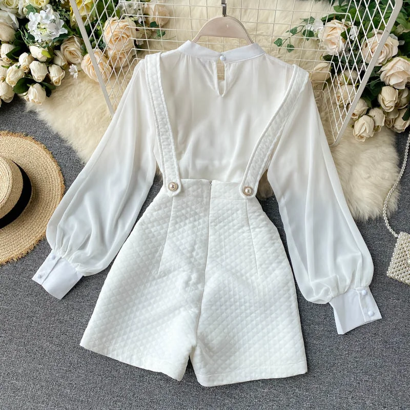 

Women White Overalls Shorts Arrivals Round Neck Lantern Sleeve Two Piece Set Fashion Autumn