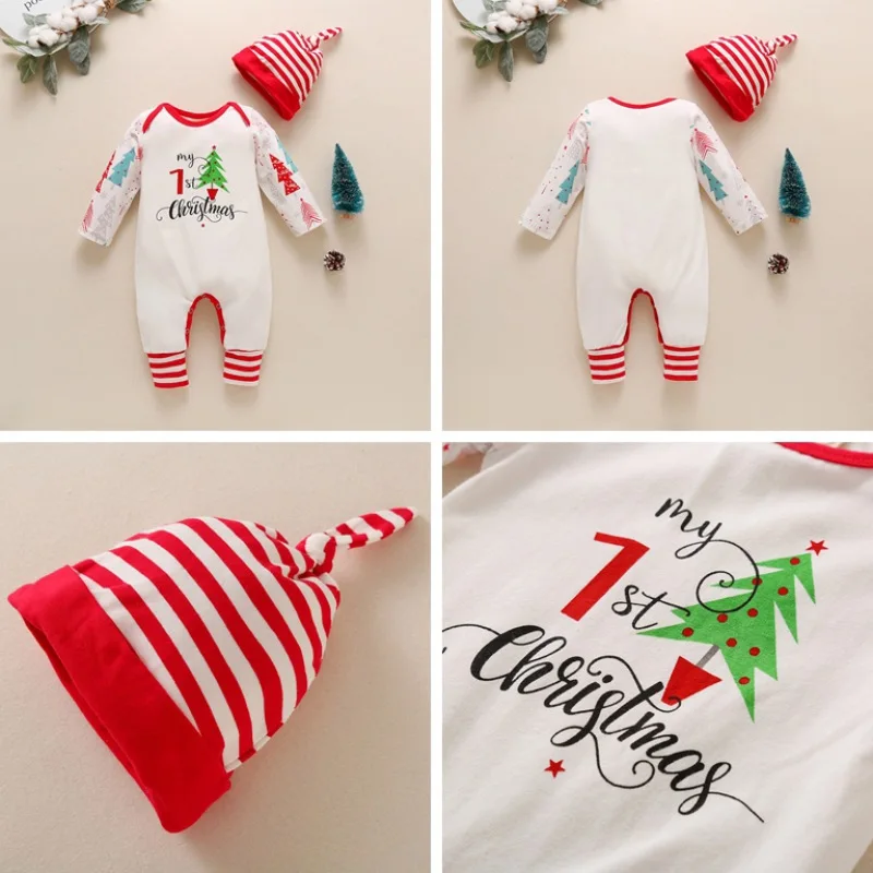 

Autumn Baby Girl Boy Christmas Letter Print Pattern Infant Long Sleeve Bodysuit+Hat Newborn Romper Set