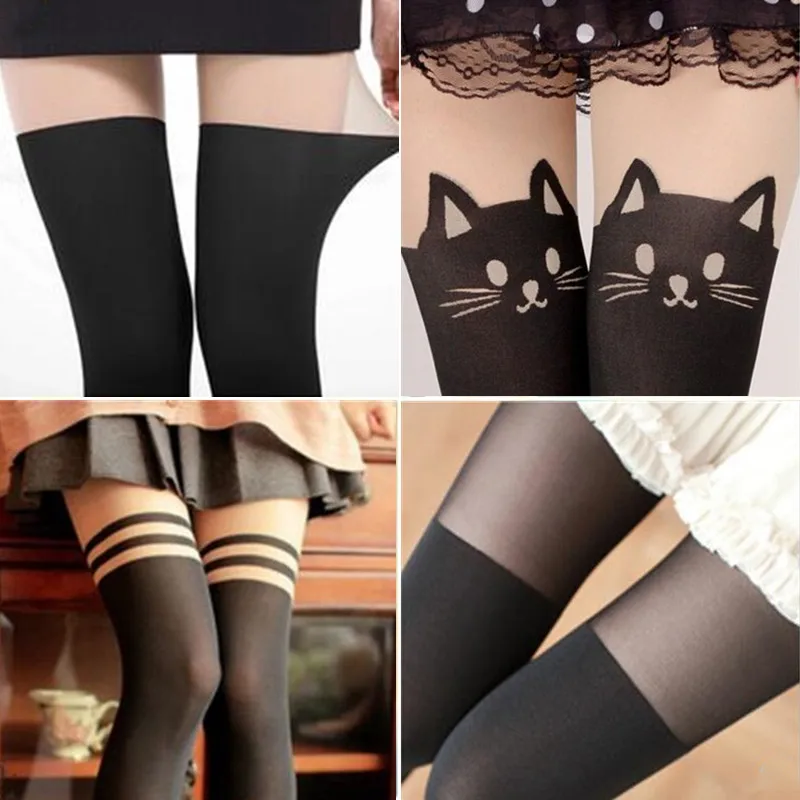 

Women spring Cartoon Tights Cute Sexy Cat Pattern Printed Tattoo stockings Streetwear Girl's Sheer High Medias Silk Pantyhos