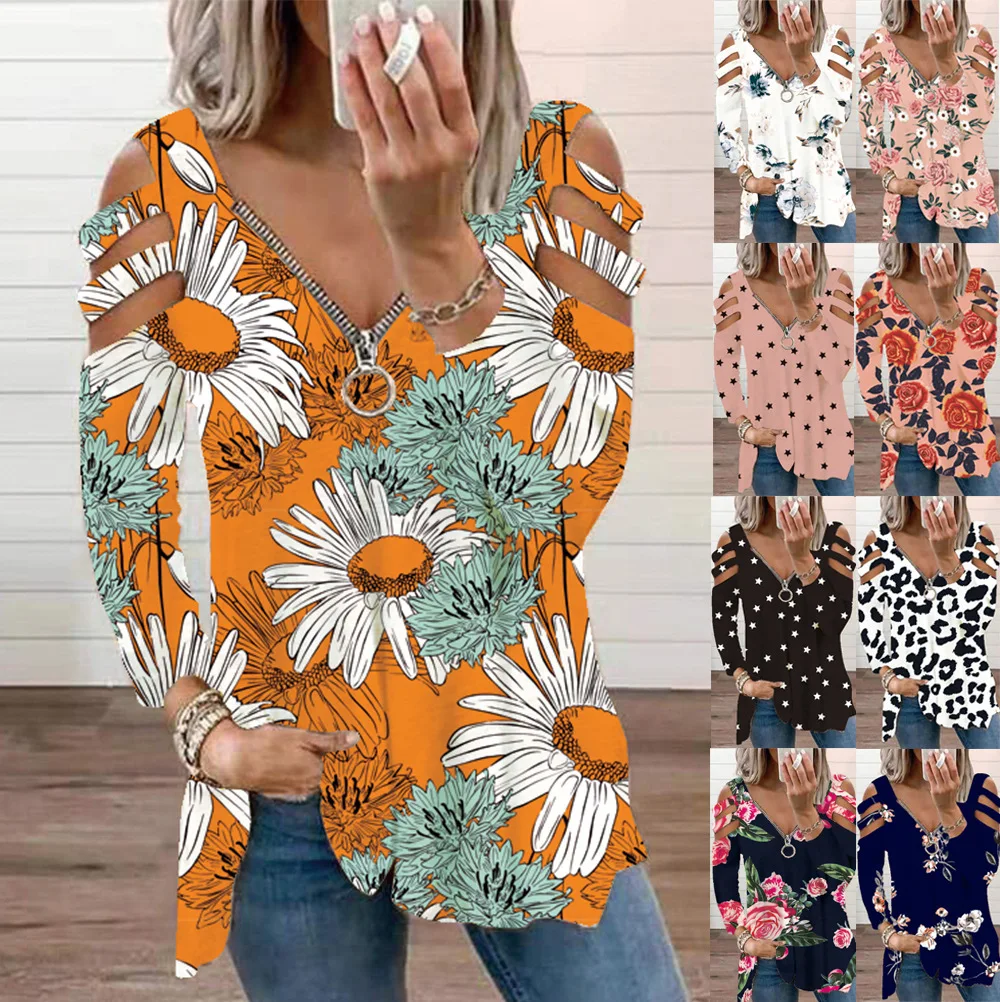 

2021 New Fashion Long-Sleeve Low-Cut Zipper Printed Shoulder Strap T-Shirt Women For Autumn Casual Loose S-3XL Size Splice Tops