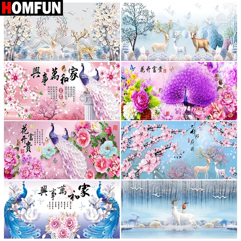 

Алмазная живопись HOMFUN, вышивка крестиком «Павлин, олень, цветок», 5D алмазная вышивка «сделай сам», полная выкладка/круглая картина
