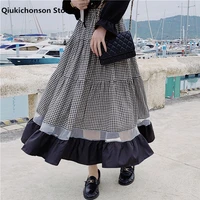 spring summer skirt women korean fashion elastic high waist a line mesh patchwork color kawaii ruffle midi long plaid skirts