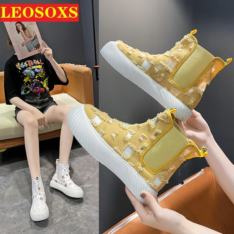 

Summer Ladies High Top Canvas Shoes Mendicant Cloth Breathable Mesh Shoes Thick Soled Martin Cold Boots Lazy Sneaker Mesh Shoes