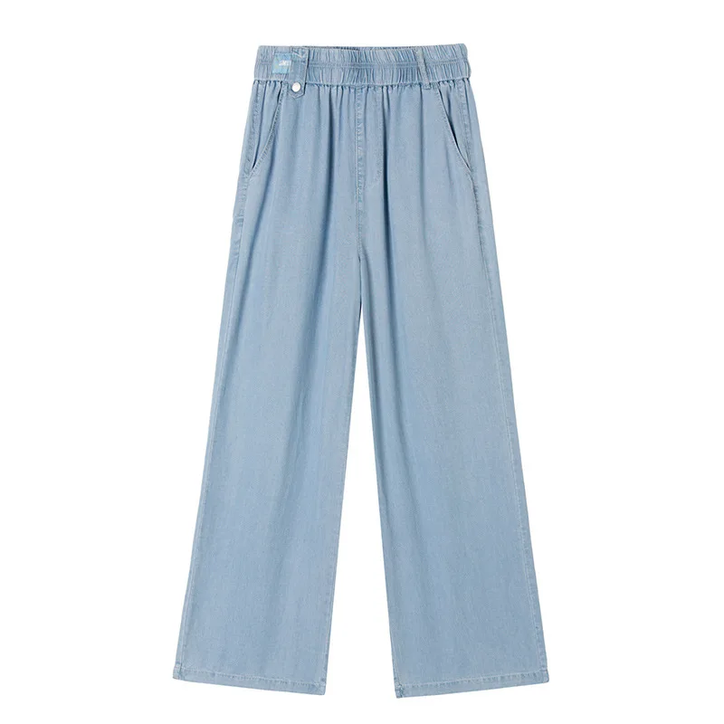 

Loose Casual Jeans Women Summer Slim Ice Silk Wide Leg Pants Women Solid Elastic Waist Capris Pantalon Femme