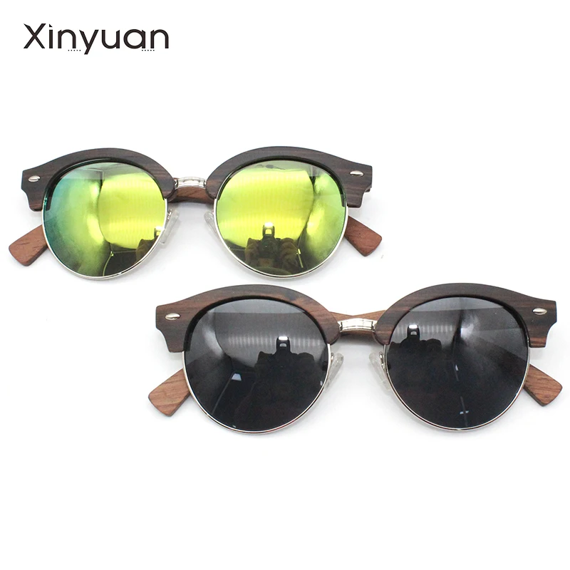 

LD19 Natural Ebony round frame metal bridge Wooden Sunglasses Handmade Polarized Mirror Coating Lenses Eyewear Pin decoration