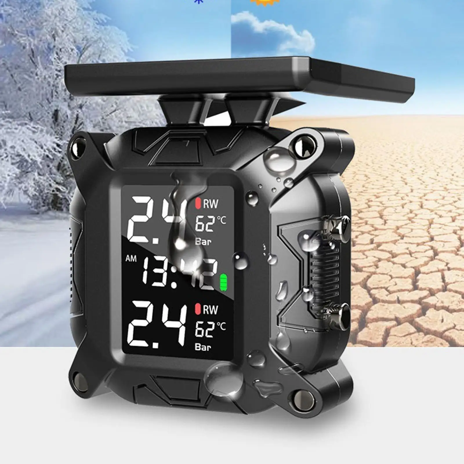 

Беспроводная солнечная система контроля давления в шинах с 2 TH/WI датчик Tmps IPX67 0-8,8 бар/0-127 фунтов на квадратный дюйм для мотоцикла трейлера RV