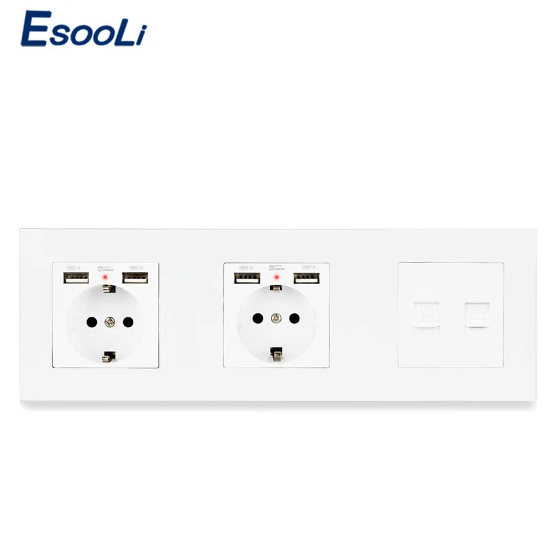 Пластиковая панель ESOOLI двойная розетка европейского стандарта + 4 USB порта для