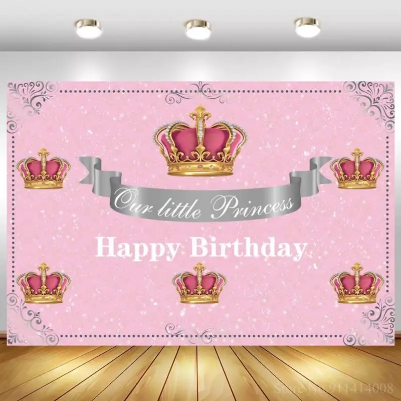 

Girl Princess Happy Birthday Banner Background Photography Silver Glitter Crown Customize Party Backdrops For Photo