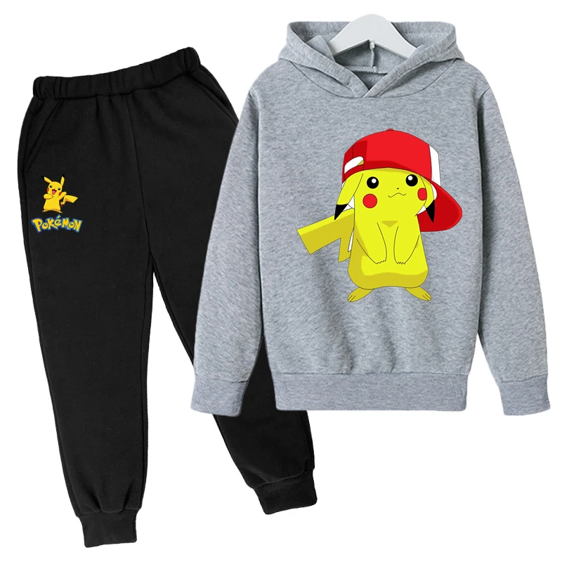 

2021 New Pikachu Hoodie Pokemon- Suit Cotton Kids Hoodie And Pant Two-piece Children Clothing Set 4-14 Years Girl Boys Setautumn