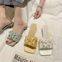 2021 women slippers square toe pearl fashion high heel sandals outdoor sexy open toe slippers comfortable stiletto beach sandals
