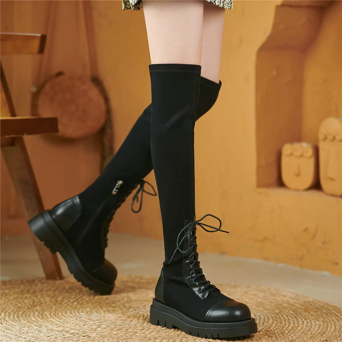 

Thigh High Fashion Sneakers Women Leather Chunky Heels Over The Knee High Boots Female Stretchy Velvet Platform Oxfords Shoes