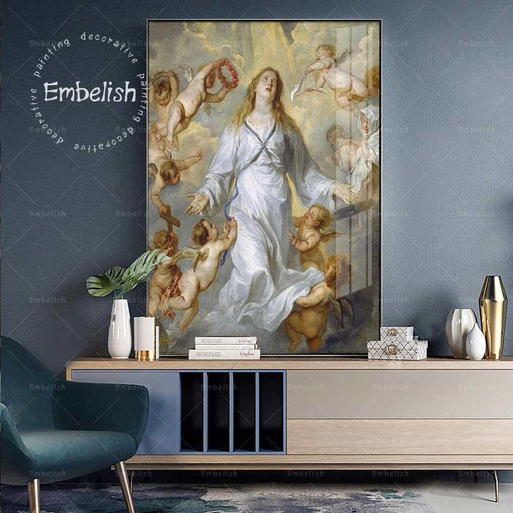 

Embelish Famous Artworks Ten Infant Angels Fly Around Her Praying Figure Wall Pictures Modern Home Decor Canvas Painting Posters