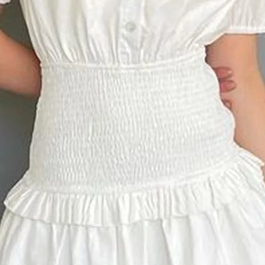 

2021 Summer Fashion New Solid Turn-down Collar Puff Half Sleeve Folds Patchwork Ruffles Slim Elegant Mini Women Dress
