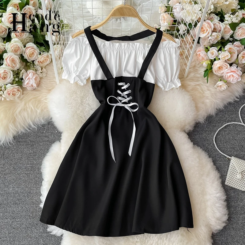 

HangCode Summer Dress 2021 Retro Gothic White and Black Patchwork Bandage Mini Dress Puff Sleeve Korean Vestidos