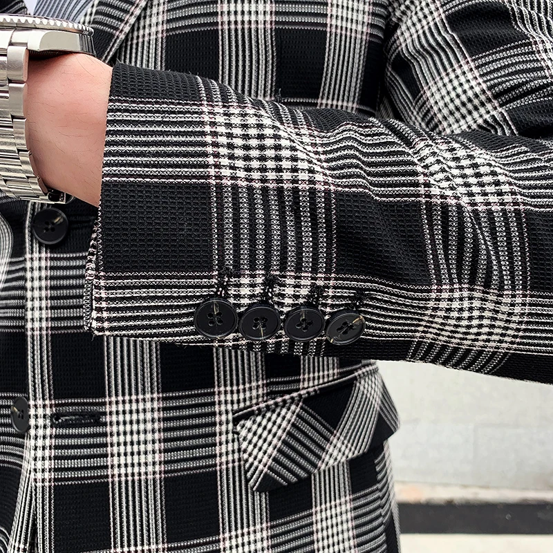 Мужской деловой костюм из трех предметов Блейзер куртка брюки в клетку