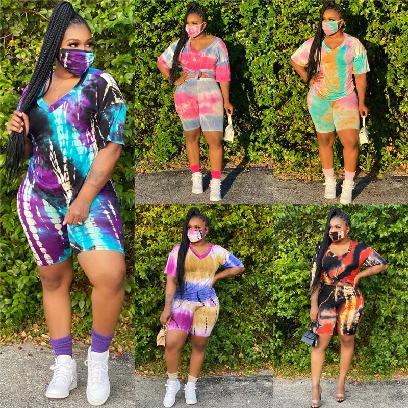 

Women Tie-dye Casual Sports Suit Outfit Short Sleeve ONeck T-shirt Shorts Workout Plus Size Women Clothes Sportswear /BY