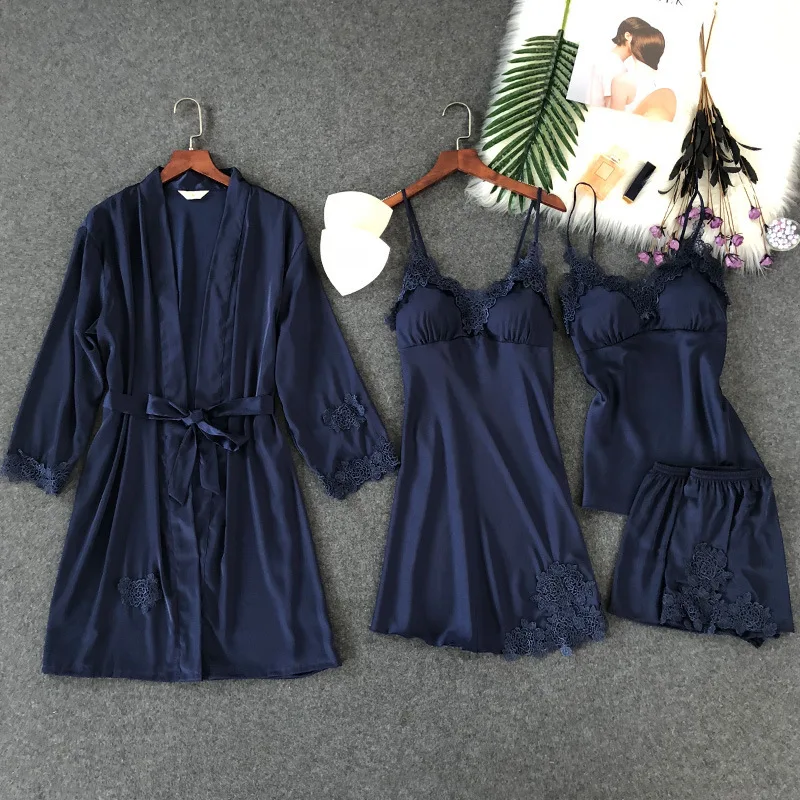 

4 Pcs Lace Sexy Women Pajamas Sets Spaghetti Strap With Chest Pad Night Shorts With Belt Cardigan Set Sleepwear