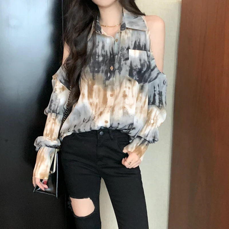 

women vintage ink painting printing casual shirt blouses women long sleeve Off shoulder chic blusas retro tops