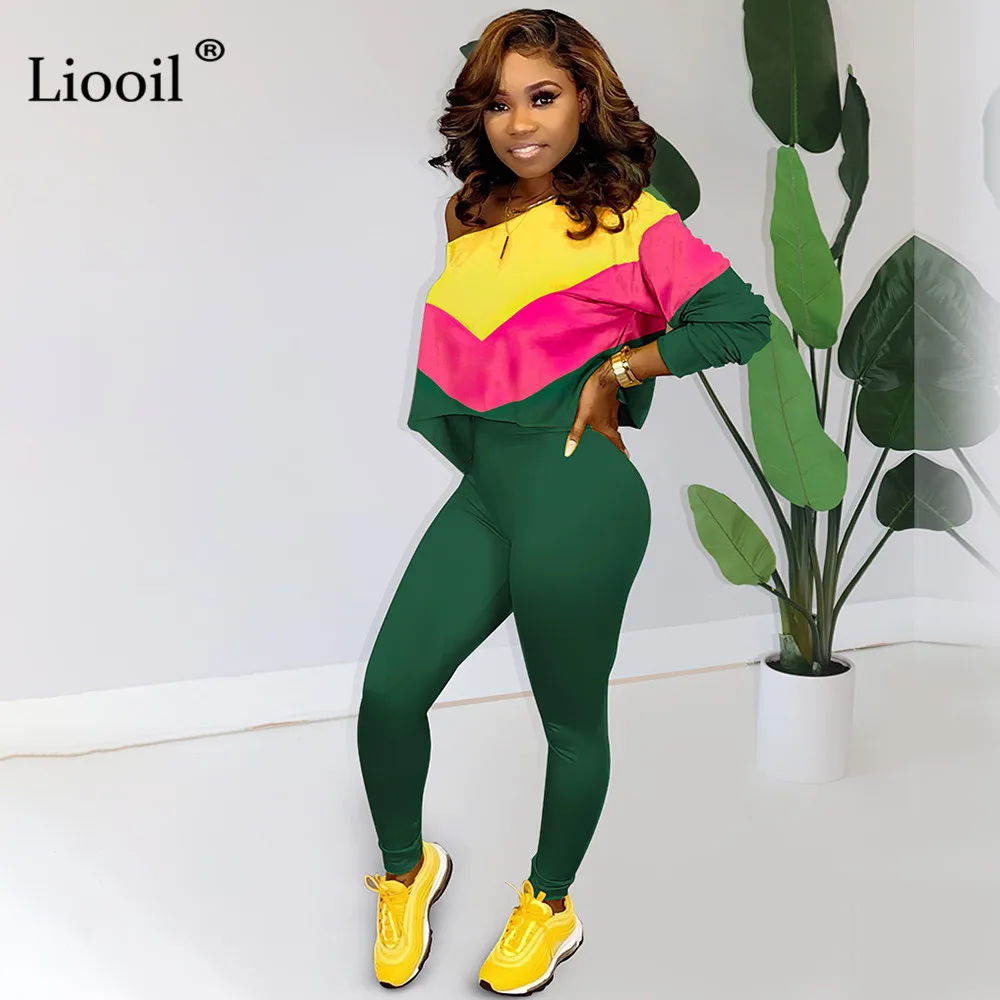Зеленый Liooil/спортивный костюм с цветным блоком, Женский комплект из двух предметов, осень, свободный свитер с длинными рукавами и брюки-карандаш, спортивные комплекты - Цвет: Зеленый