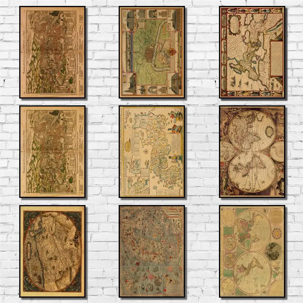 

50 Дизайнов, винтажная Античная Карта, Ранняя живопись, абстрактная необычная Настенная Наклейка для кофейни, бара A3 1