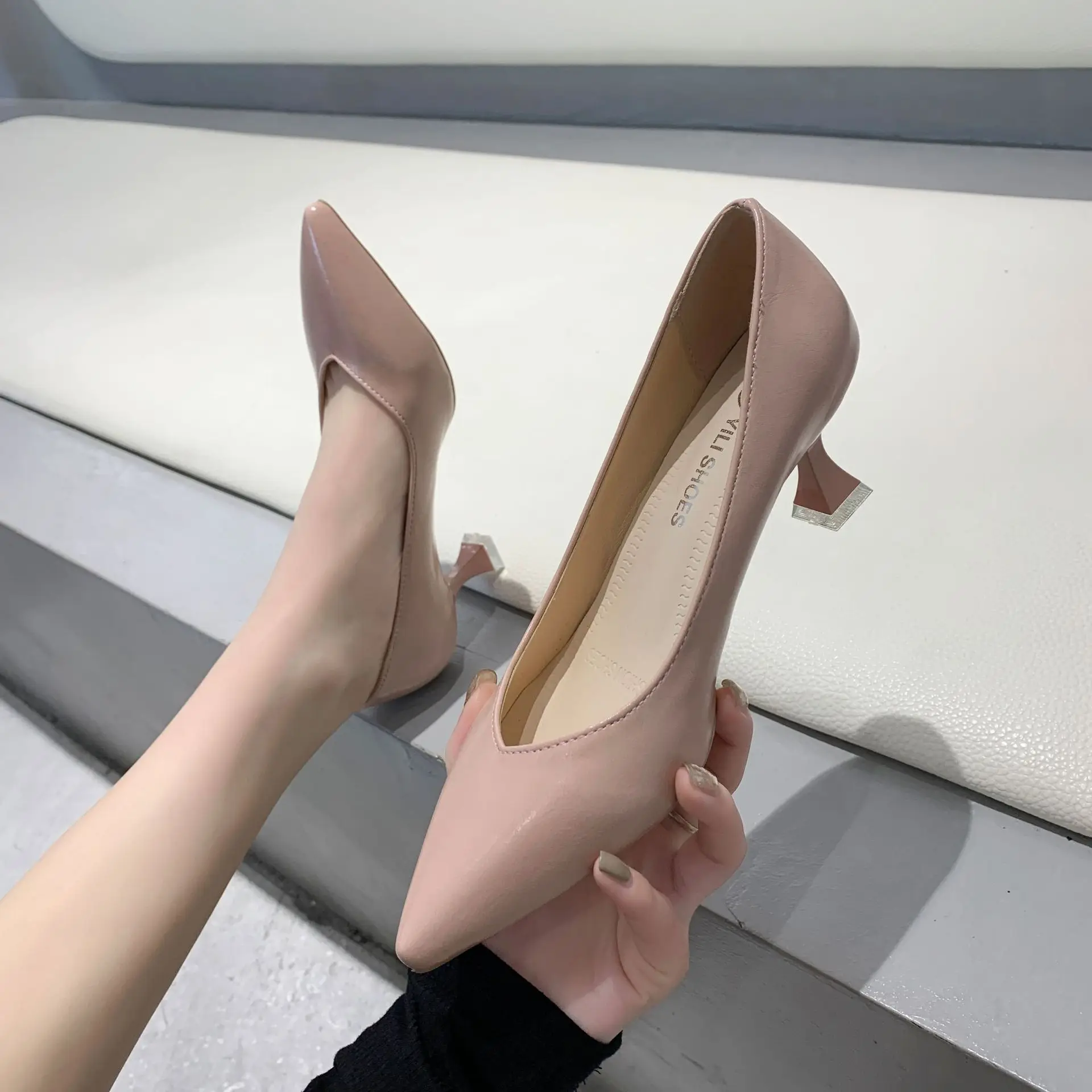 High heels women's 2020 spring style Korean style pointed toe shallow mouth fashion Square heel  Artificial Leather