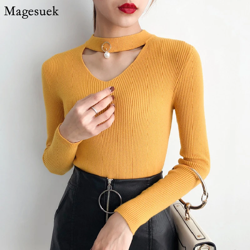 

Autumn Sexy V-Neck Pullover Sweater Long Sleeve Slim Sweaters for Women Soft High Elastic Knitted Sweater Woman Pull Femme 16640