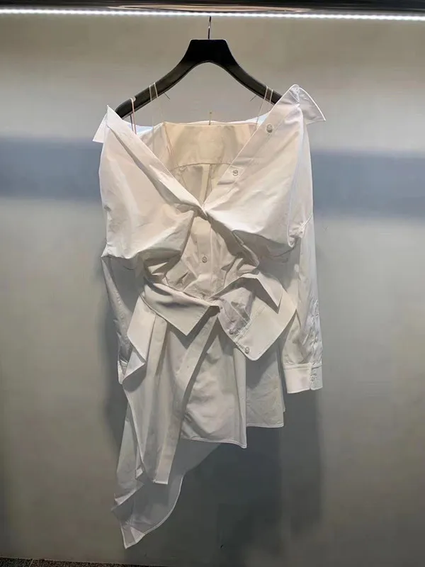 

European 2021 Spring Autumn Fake Two-Piece Off-Shoulder Shirt Women Long-Sleeved Button Up Irregular Stitching Mini Shirt Dress
