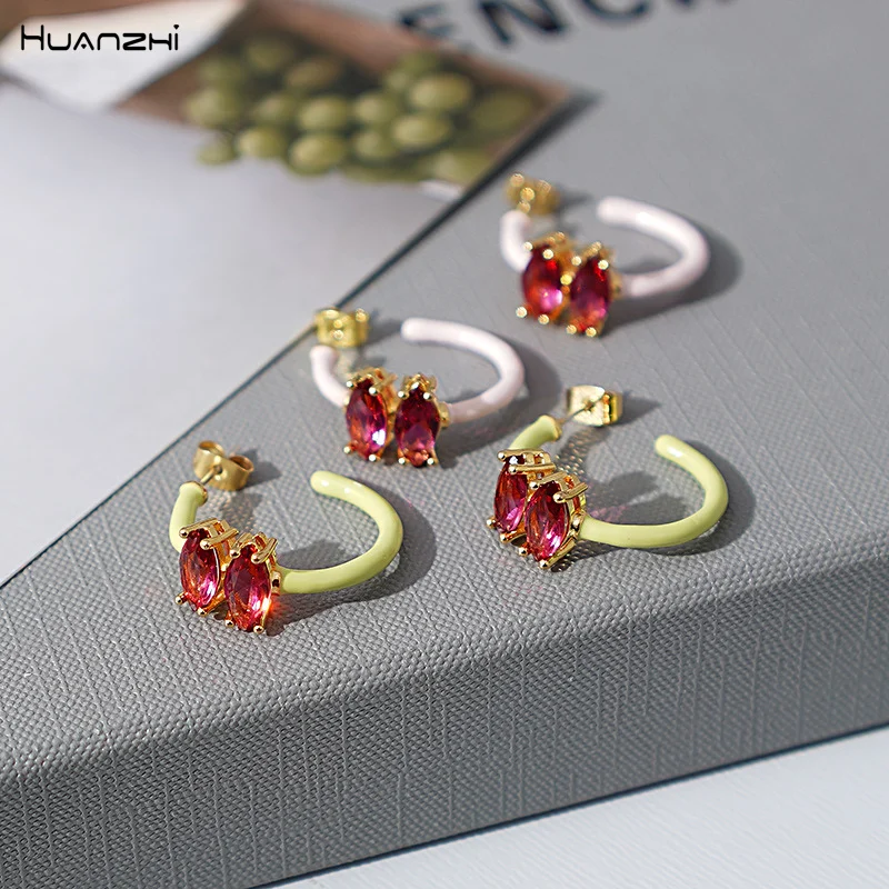 

Korea Colorful Drip Oil Red Zircon Stud Earrings Geometric Circle Autumn Winter Earrings for Women Girls Jewelry HUANZHI 2021