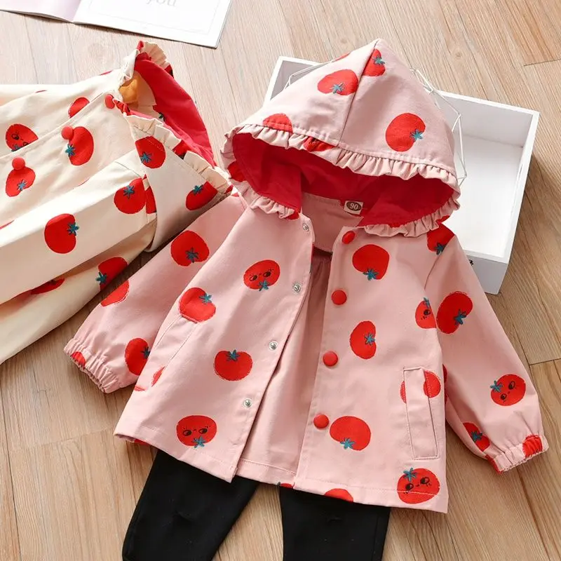 

Baby Girls Jackets Autumn New Kids Fashion Wind Proof Tomato Printed Princess Hooded Coats Children Casual Outerwear Parka