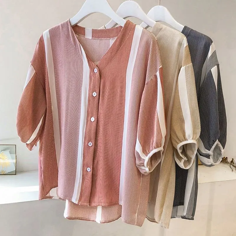 

Striped Fashion V-neck Blouse Short Sleeve Shirts Women Sweet Striped Print Chiffon Blouse x
