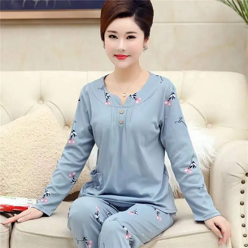 Spring Autumn Pajama Set For Women Long-Sleeved Trousers Round Neck 2-Piece Set Home Clothes Pyjamas Plus Size Mother Pajamas