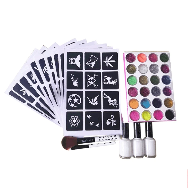 

New Glitter Tattoo Kit with 24 Colors Powder 10 Tattoo Stencils 3 Glue 2 Brushes Temporary Tattoos for Kids Teenagers and K3NE