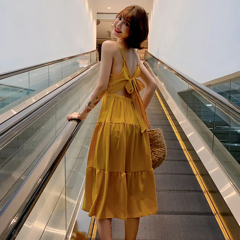 

Korean Style Women Summer Ginger Long Dress Elegant Vacation Party Slim Yellow Beach Sundress Female Vintage Runway 2021 Dress