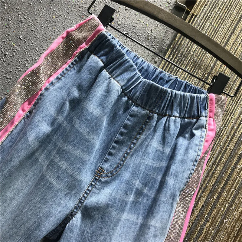 

Stylish Denim Pants Female Elastic Waist Jeans Casual Hit Color Trousers Womens Streetwear Diamonds Autumn Winter Pants