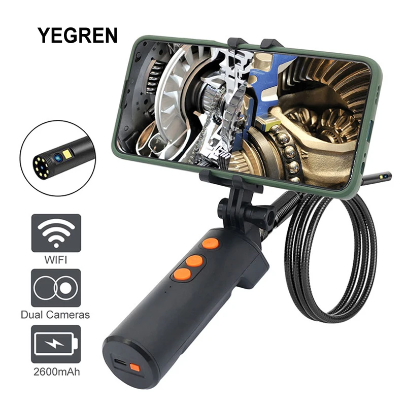 Handheld WIFI Endoscope Dual Camera Waterproof 1080P Industrial Borescope with Mobile Phone Clip Snake Cable Pipe Inspector