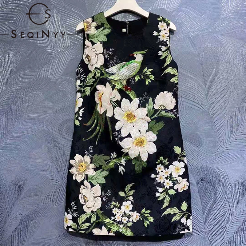 

SEQINYY Summer Mini Dress Women Design Fashion Beading White Flowers Printed Bird High Quality Sequined Jacquard