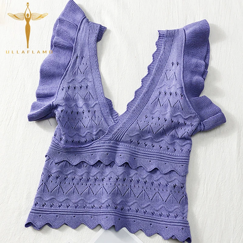 

Purple Sweet Lotus Sleeve Female Tank Top V Neck Sexy Backless Slim Crop Top Summer High Waist Sleeveless Cotton Women Top Vest