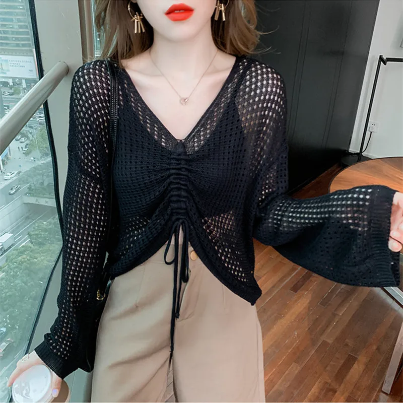 

Sun Protective Blouse Women's 2021 Summer Thin Sun Protection Loose T Shirt Female Drawstring Ice Silk Short T Shirt