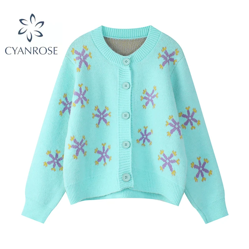 Женский кардиган вязаный модный свитер в Корейском стиле с цветочным принтом для